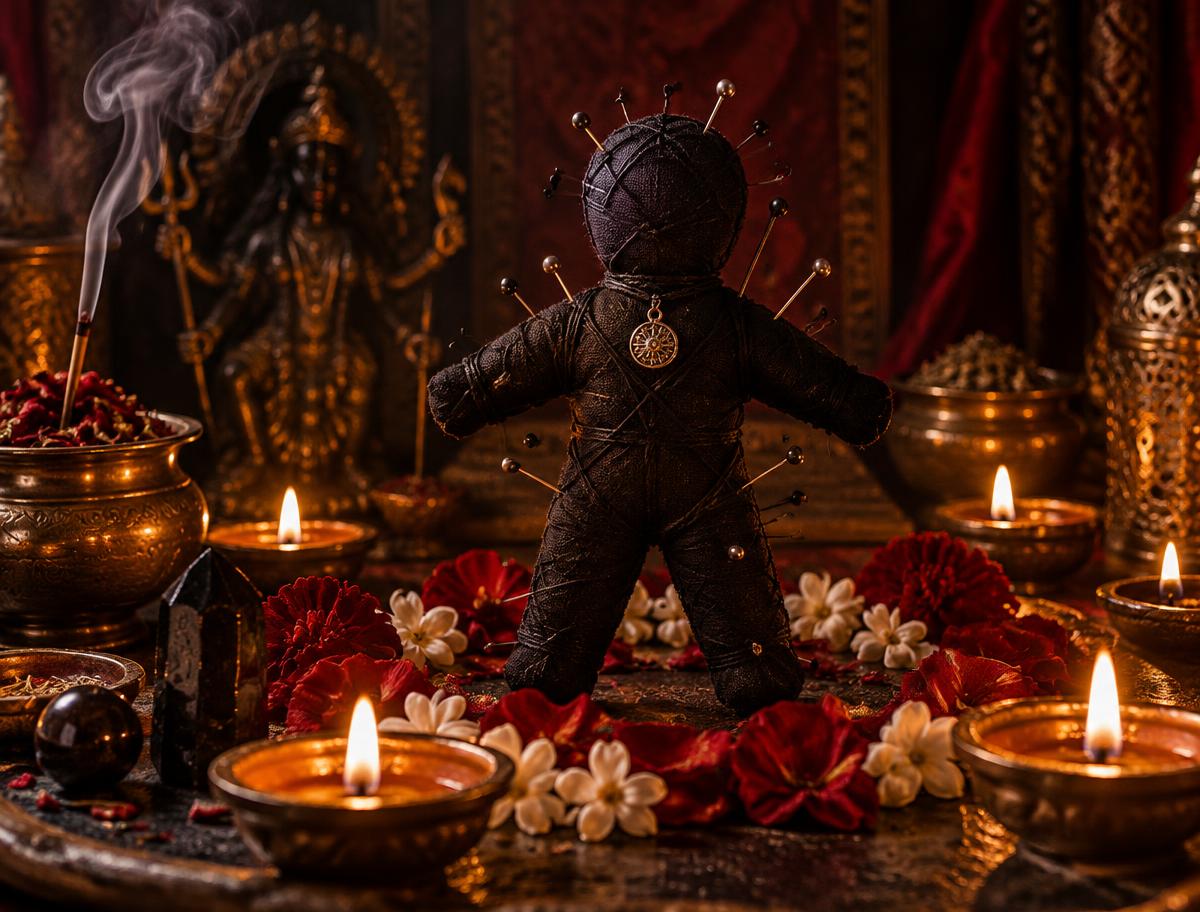 Black ritual doll with pins surrounded by lamps for spiritual protection guidance