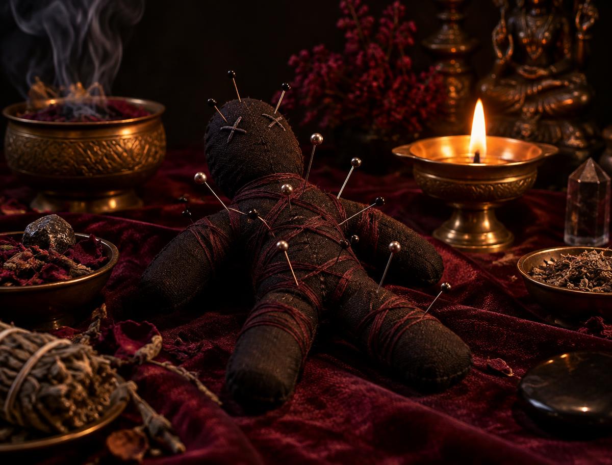 Traditional spiritual cleansing arrangement with lamp and incense